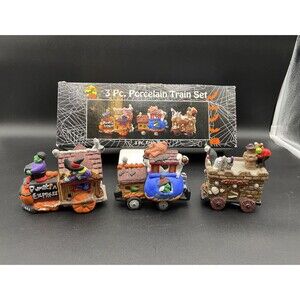 Halloween Harvest Pumpkin Express Spooky 3pc Porcelain Train Set  Vintage